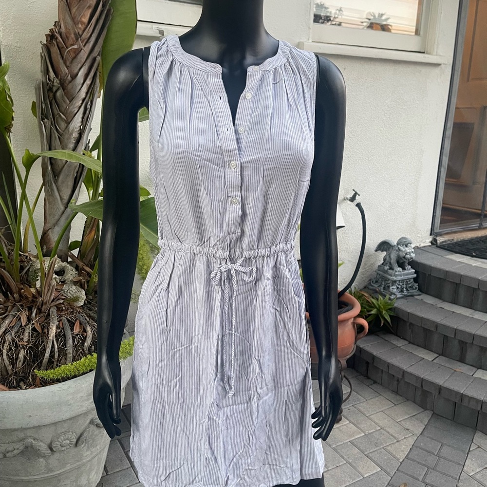 LOFT Plus Size S Blue Striped Dress Tie Buttons Sleeveless